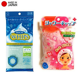 Combo khăn tắm tạo bọt Whip's (loại vừa bọt) + mũ tắm họa tiết hoa 25cm - made in Japan