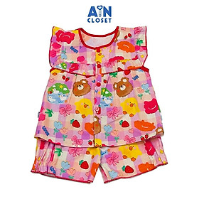 Bộ quần áo Ngắn bé gái hoạ tiết Caro Gấu Tím Cotton - AICDBGY84HOX - AIN Closet