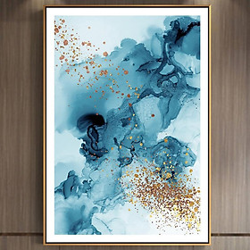 Mua Tranh Canvas Cao Cấp | Tranh trừu tượng Abstract splash watercolor teal-blue with gold foil background
