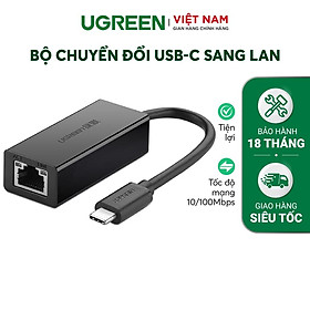 Bộ chuyển đổi USB Type C san LAN 10/100 Mbps Ethernet - dài 40CM - UGREEN 30287 (màu đen) hàng chính hãng