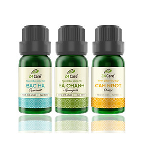 Combo 3 Tinh dầu Sả Chanh + Bạc Hà + Cam Úc 24Care 10ml/Chai