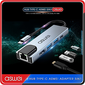 Mua Hub Type C ASWEI 5 in 1 To HDMI  USB 3.0  Lan RJ45  PD 100W - Hàng Chính Hãng