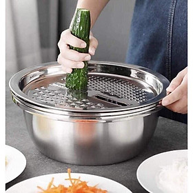 Bộ Rổ Nạo INOX Kèm Chậu Đa Năng 3 Trong 1 S̲I̲Ê̲U̲ ̲T̲I̲Ệ̲N̲ Bát Inox Trộn Rau Củ Kèm Bộ Nạo Đa Năng