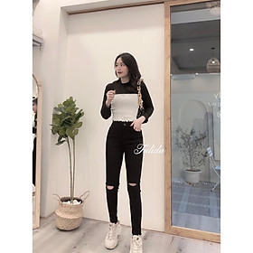 Quần Jean Nữ Lưng Cao Dáng Ôm Đen Rách Gối Co Giãn Quần Bò Nữ Cạp Cao Skinny
