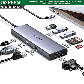 Mua Bộ chuyển USB C sang HDMI + VGA + USB 3.0 + LAN 1Gbps + Card Reader + PD Power 100W Ugreen 15600 - Hàng Chính Hãng