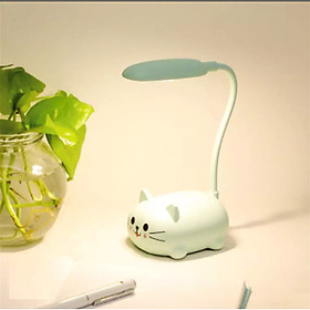 Đèn led để bàn sạc usb hình thú dễ thương - Mèo - Xanh mint