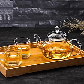 Bộ ấm chén thủy tinh 6 cốc pha trà kèm khay gỗ tre