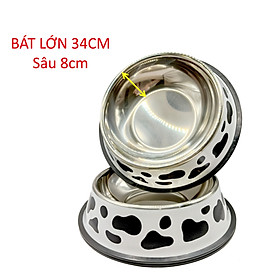 Bát ăn thú cưng, bát ăn chó mèo hình bò sữa, chất liệu inox an toàn sử dụng cho vật nuôi. Bát có 3 kích thước 18cm, 26cm, 34cm. Bát ăn size lớn 34cm