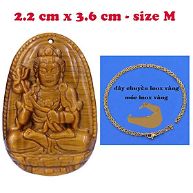 Mặt Phật Đại thế chí đá mắt hổ 3.6 cm kèm dây chuyền inox vàng - mặt dây chuyền size M, Mặt Phật bản mệnh