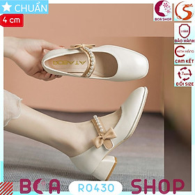 Giày cao gót nữ màu trắng 4p RO430 ROSATA tại BCASHOP kiểu dáng công chúa với quai ngang đính ngọc tr.ai và nhấn nơ