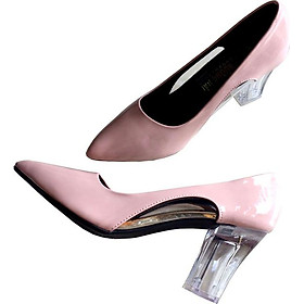 Giày cao gót 7cm da bóng màu hồng đế mica trong CG06