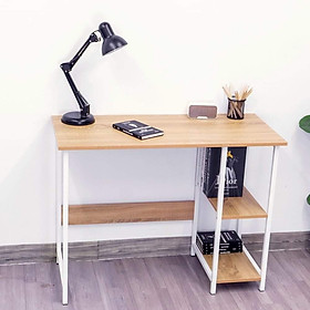 Bàn làm việc liền giá sách BLV20 100x50xCao75cm full phụ kiện ốc vít - chân trắng-mặt vàng