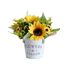 Artificial Sunflower Bouquet with Vase Plastic Simulation Yellow Flowers Metal Potted Bonsa for Home Office Party Wedding Decor