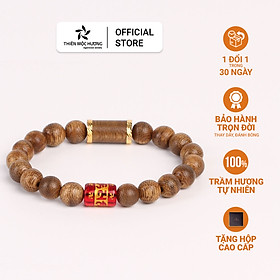 Vòng tay Trầm Hương Tây Tạng khắc chữ Om Mani Padme Hum mix trụ trúc bọc vàng 18K - Trầm Tốc Việt Nam tự nhiên, thơm dịu - Thiên Mộc Hương