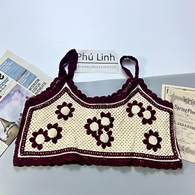 MS571 Áo hai dây len đan móc hình hoa đi biển, mix váy áo