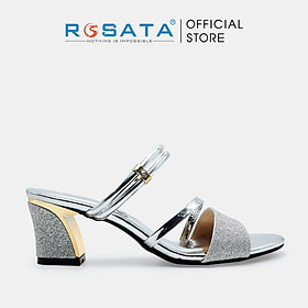 Giày sandal cao gót nữ ROSATA RO539 xỏ ngón mũi tròn quai ngang kim tuyến gót vuông cao 5cm xuất xứ Việt Nam - Bạc