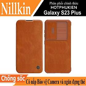 Case bao da chống sốc cho Samsung Galaxy S23 Plus / Galaxy S23+ trang bị nắp bảo vệ Camera hiệu Nillkin Qin Pro trang bị 2 ngăn đựng thẻ ATM Name Card, chất liệu da cao cấp, thiết kế thời trang cá tính - Hàng nhập khẩu - Màu Nâu Da Bò