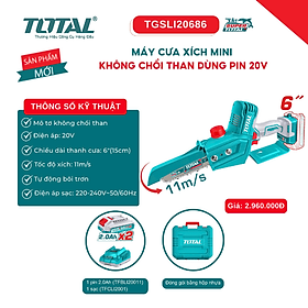 Mua MÁY CƯA XÍCH PIN 20V LAM DÀI 6 INCH 15CM KHÔNG CHỔI THAN TGSLI20686 TOTAL - HÀNG CHÍNH HÃNG
