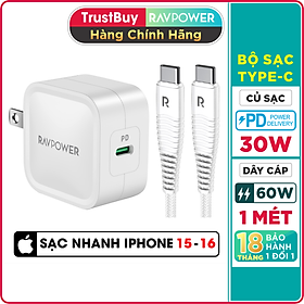 Mua Bộ Củ Sạc Nhanh Type C 30W Cho iPhone 15  iP16  Cho SamSung RAVPower RP-PC120 Và Cáp Type C to C RP-CB047 - Hàng Chính Hãng