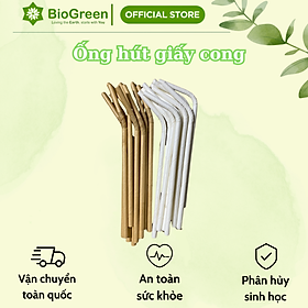 1000 ống hút giấy cong Biogreen màu trắng, kraft dùng uống cafe, sinh tố