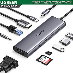Hub USB Type-C 10 in 1 Ugreen 15601 CM498 1x HDMI 4k30Hz, VGA FullHD, 3x USB 3.0, Lan 1Gbps, 3.5mm, SD/TF, Sạc PD 100W - Hàng chính hãng