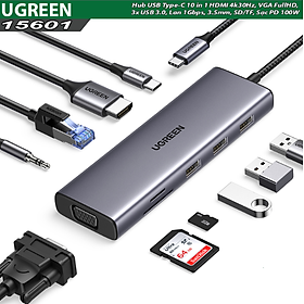 Mua Hub USB Type-C 10 in 1 Ugreen 15601 CM498 1x HDMI 4k30Hz  VGA FullHD  3x USB 3.0  Lan 1Gbps  3.5mm  SD/TF  Sạc PD 100W - Hàng chính hãng