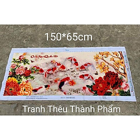 Tranh Thêu Chữ Thập Cửu Ngư Quần Hội Cá Chép Hoa Sen Thêu Kín 1m5