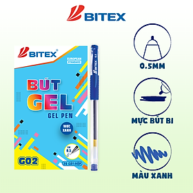 Hình ảnh Combo 5 bút gel BITEX G02 màu xanh ngòi 0.5mm viết êm trơn, không chảy mực