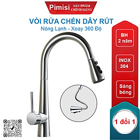 Vòi Rửa Chén Nóng Lạnh Dây Rút Pimisi PVR-315C Inox 304 Mạ Sáng Bóng, Gắn Chậu Rửa Bát 1-2-3 Hố Trong Nhà Bếp Với Đầu Vòi 2 Chế Độ Tăng Áp Nhẹ Và Dây Rút Dài Mềm, Chỉnh Nhiệt Bằng Gật Gù Cho Vòi Rửa Bát Đặt Âm - Dương Bàn Đá | Hàng Chính Hãng