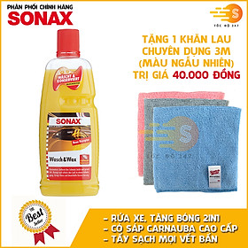 Xà bông rửa xe và tăng độ bóng sơn xe 2in1 Wash & Wax Sonax 313341 1Lit tặng kèm 1 khăn 3M KL030 - Làm sạch bụi bẩn, bùn đất, dầu mỡ, dưỡng tăng độ bóng sơn