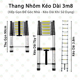 [Xịn Sò] Thang Hợp Kim Nhôm Rút Kéo Dài 3.8 Mét KhoNCC Hàng Chính Hãng - Thu Gọn Chỉ 0.9 Mét - KLVQ-TNT3M8