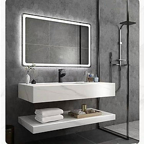 Bộ tủ bàn lavabo bằng đá chống trầy xước, màu trắng vân mây sang trọng, dài 80x50 kèm gương led