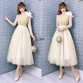 Đầm xoè Cao Cấp lệch vai tay dài kết hoa hồng SIÊU XINH -MS183V- Size M/L đến 57kgMM MM