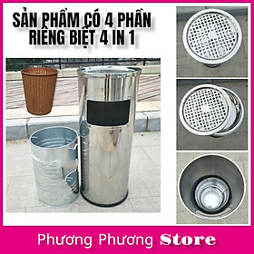 Mua ( Hàng Cao Cấp ) Thùng rác inox tròn A 35  thùng rác inox gạt tàn tròn ( Tặng sọt tròn mây )
