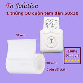 1 thùng 50 cuộn giấy in nhiệt, tem dán K50 kích thước 50x30 mm dành cho dòng máy in mini, máy in bluetooth Peripage, Paperang