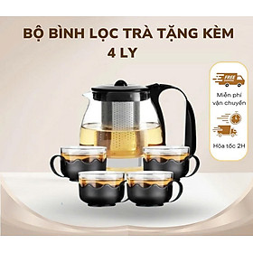 Bộ Bình Trà Thủy Tinh kèm Tách Lưới Lọc Inox 304 Không Gỉ- Tiện Lợi - Chính Hãng