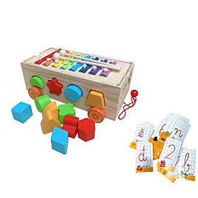 Đồ Chơi Xe Kéo Thả Hình Khối Kết Hợp Đàn Xylophone 8 Thanh Bằng Gỗ An Toàn