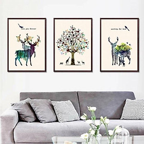 Mua Tranh treo tường Canvas trang trí gia đình hươu lớn 40x60cm ( 3 tấm có khung )