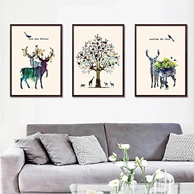 Tranh treo tường Canvas trang trí gia đình hươu lớn 40x60cm ( 3 tấm có khung )