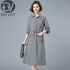 Đầm - váy sơ mi nữ kẻ caro dáng suông công sở thanh lịch kèm dây rút eo, 2 túi trước Trẻ trung Đũi Việt DV186