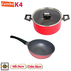 Combo 2 món cao cấp Hàn Quốc, nồi chống dính vân đá Seoulcook (K), quai chống nóng, nắp kính cường lực viền inox size 24 cm và Chảo đúc chống dính vân đá ceramic sâu lòng (E) 26 cm, dùng bếp gas, hồng ngoại, ...