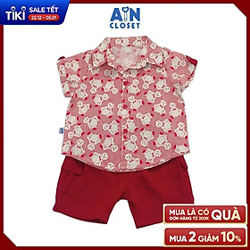 Bộ quần áo ngắn bé trai họa tiết Sơ mi Gấu kẻ đỏ cotton - AICDBTN5MU0U