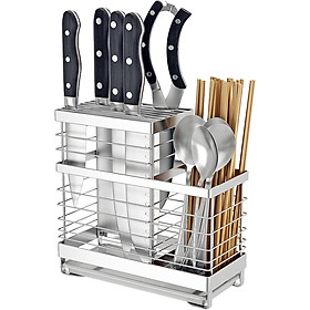 Kệ đựng đũa muỗng dao kéo 2 ngăn HOBBY KDM Inox 304 kèm khay hứng nước - mẫu cao cấp