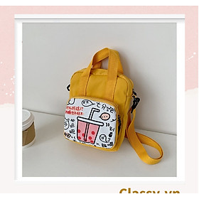 Túi xách Classy vải canvas nhiều ngăn, họa tiết trà sữa, nhiều màu sắc xinh xắn T597