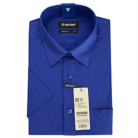 Viettien - Áo sơ mi nam ngắn tay kẻ sọc xanh regular 1344