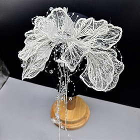 Cài tóc cô dâu hoa vải gân đính lá trắng dây pha lê đính hoa rơi