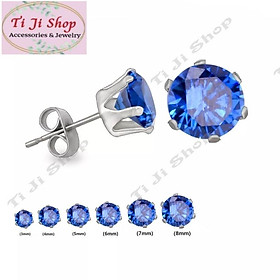 Bông tai inox đá tròn màu xanh coban cao cấp không đen, không gỉ sét, không dị ứng