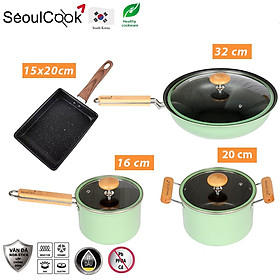 Bộ nồi chảo SL1 4 món quánh 16cm + nồi 20cm + chảo sâu lòng 32cm + chảo vuông 15x20cm đáy từ/ Induction Seoulcook Hàn Quốc, dùng được tất cả các loại bếp – Hàng chính hãng