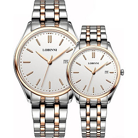 Đồng hồ đôi Lobinni L3017-1 chính hãng Thụy Sỹ ,Kính sapphire ,chống xước ,Chống nước 30m,mặt trắng vỏ vàng dây kim loại thép không gỉ 316L,Máy điện tử (Quartz) ,Bảo hành 24 Tháng,thiết kế đơn giản ,trẻ trung và sang trọng