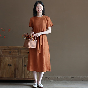 Đầm linen suông thiết kế , Đầm váy nữ dáng dài cổ tròn, ngắn tay eo có dây thắt Haint Boutique Da191